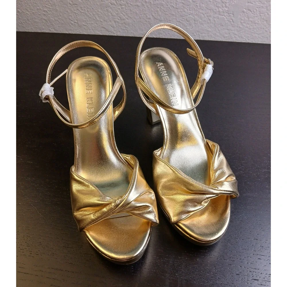 Anne Klein AKVALENTINE-W Gold Metallic Knotted Platform Block Heel Sandals 10W